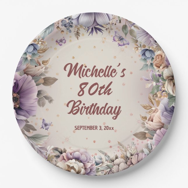 Assiettes En Carton Aquarelle violette Floral 80e anniversaire (Devant)