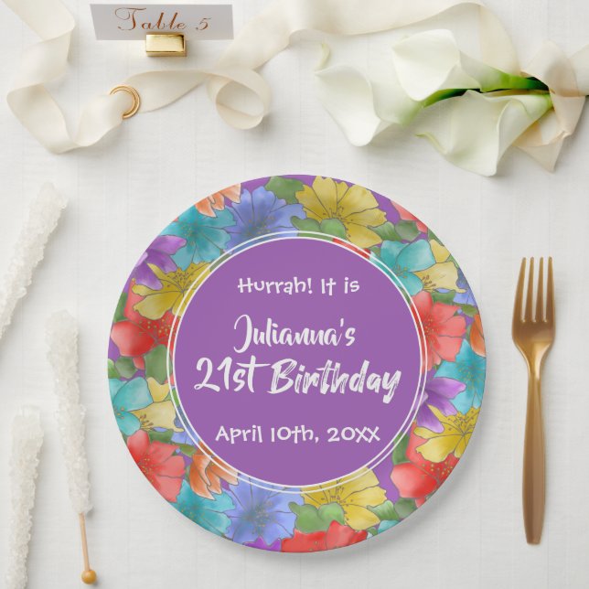 Assiettes En Carton Aquarelle violette moderne Floral 21e anniversaire (Mariage)