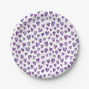 Assiettes En Carton Aquarelle violette Motif de coeur d'amour