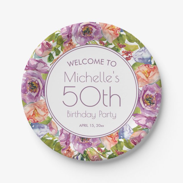 Assiettes En Carton Aquarelle violette orange florale 50e anniversaire (Devant)