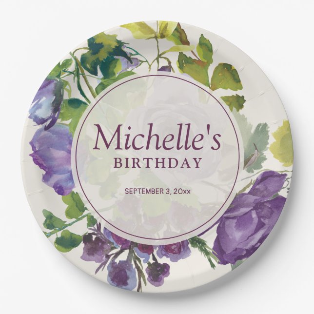 Assiettes En Carton Aquarelle violette Vins floraux Anniversaire Nom D (Devant)