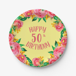 Assiettes En Carton Aquarelle vive rose chaude et jaune florale