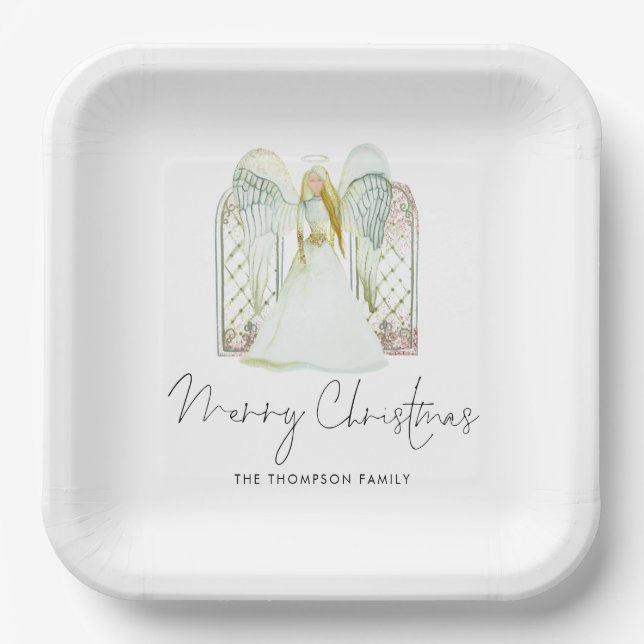 Assiettes En Carton Aquarelle Whimsical Angel Joyeux Script de Noël (Recto)