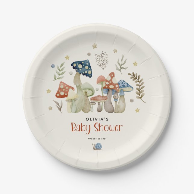 Assiettes En Carton Aquarelle Whimsical Baby shower de champignon (Devant)