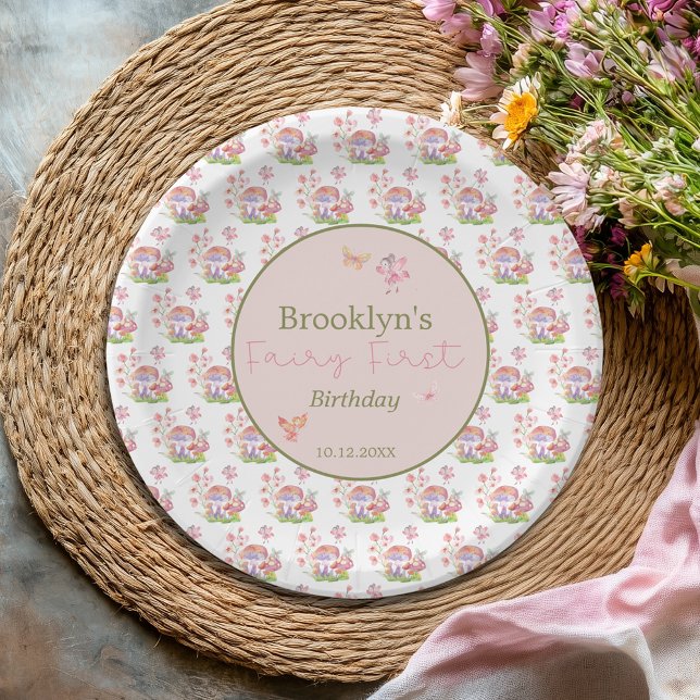 Assiettes En Carton Aquarelle Whimsical Champignons Fée Premier annive (Whimsical Watercolor Mushroom Fairy First Birthday Paper Plates)