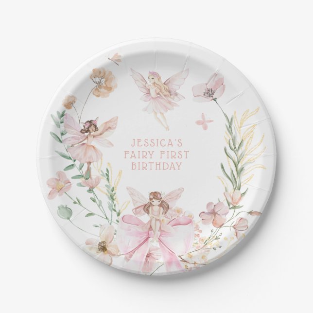 Assiettes En Carton Aquarelle Whimsical Fairy 1er anniversaire (Devant)