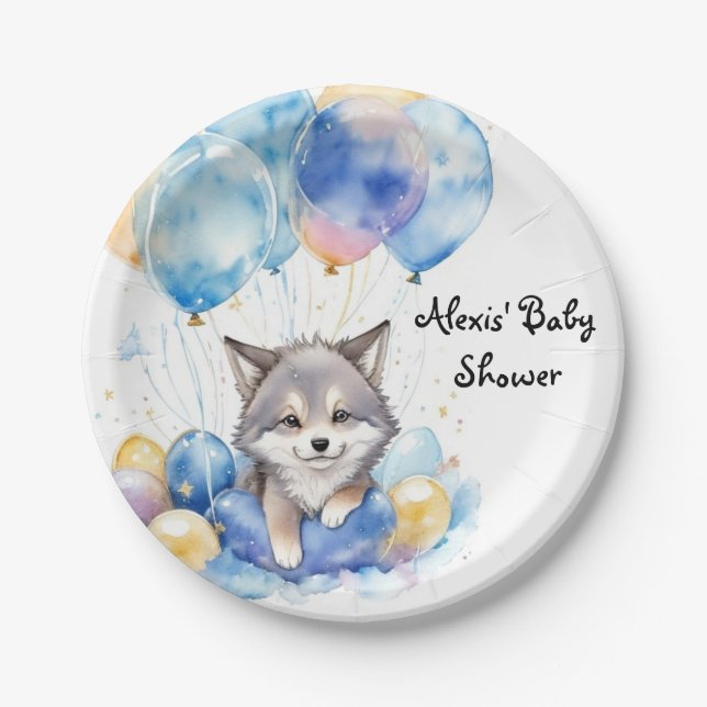 Assiettes En Carton Aquarelle Whimsical Wolf Baby shower de loup (Devant)