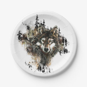 Assiettes En Carton Aquarelle Wolf Mountain Art animal