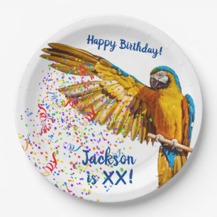 Assiettes En Carton Ara bleu et jaune lance des confettis