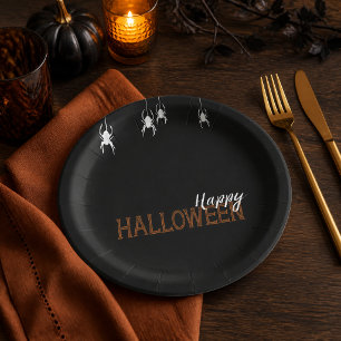 Assiettes En Carton Araignées noires Joy Halloween Orange Fête