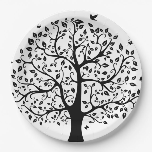 Assiettes En Carton Arbre à vie noire et blanche (Devant)