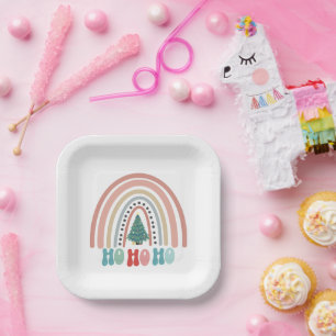 Assiettes En Carton Arbre arc-en-ciel de Noël avec hohoho