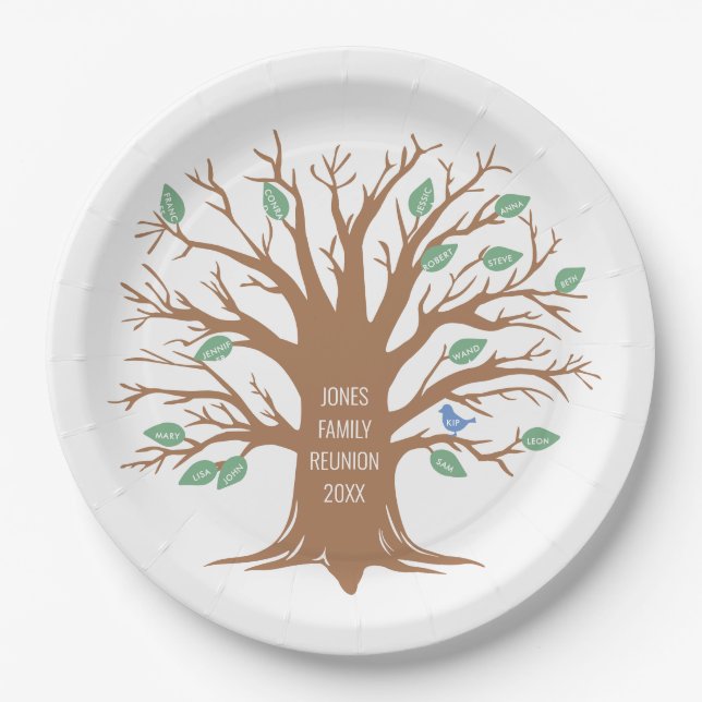 Assiettes En Carton Arbre de famille personnalisé avec feuilles et ois (Devant)