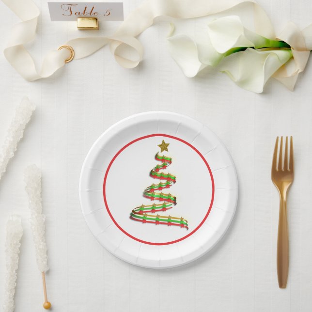 Assiettes En Carton Arbre de Noël Abstrait rouge, vert et or (Mariage)