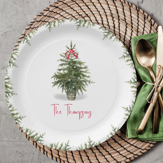 Assiettes En Carton Arbre de Noël aquarelle personnalisé 