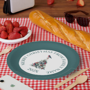 Assiettes En Carton Arbre de Noël avec décoration et Robin Rouge