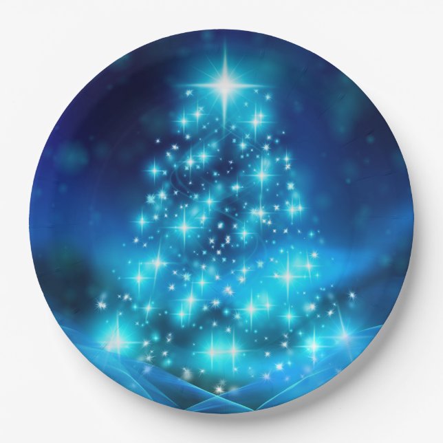Assiettes En Carton Arbre de Noël bleu électrique moderne avec lumière (Devant)