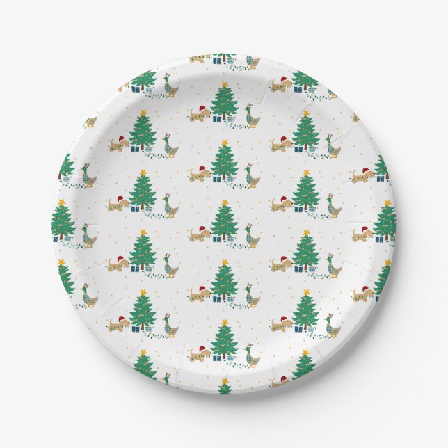 Assiettes En Carton Arbre de Noël chien et canard (Devant)