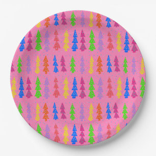 Assiettes En Carton Arbre de Noël coloré Pop Art rose
