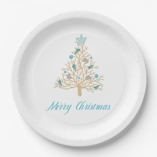 Assiettes En Carton Arbre de Noël de coquillage de Joyeux Noël (Devant)