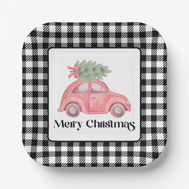 Assiettes En Carton Arbre de Noël de la voiture rose aquarelle (Recto)