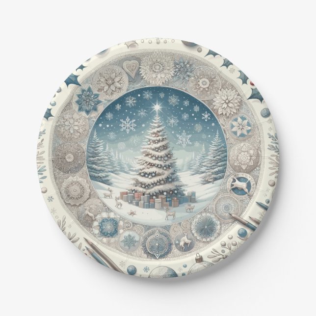 Assiettes En Carton Arbre de Noël d'hiver (Devant)