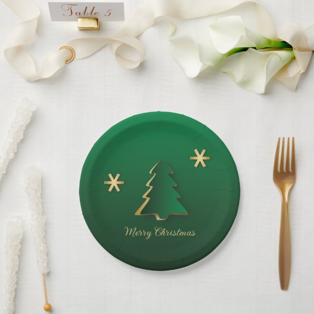 Assiettes En Carton Arbre de Noël élégant or vert (Mariage)