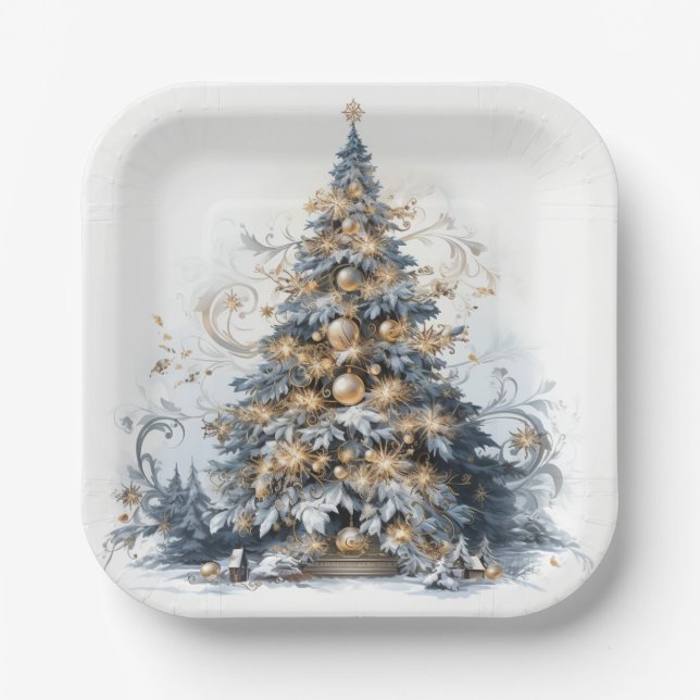 Assiettes En Carton Arbre de Noël élégant Ornements dorés Neige (Recto)