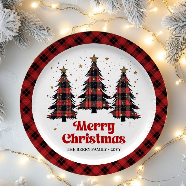 Assiettes En Carton Arbre de Noël en papier à carreaux de designer ave (Designer Plaid Christmas Tree Custom Name Paper Plates)