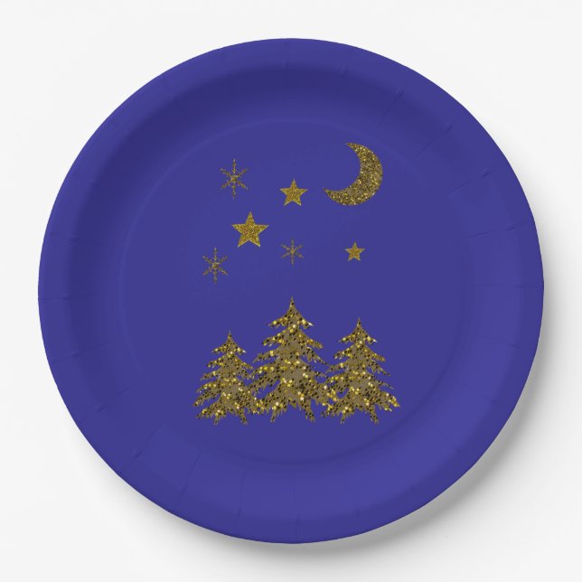 Assiettes En Carton Arbre de Noël étincelant, lune, étoiles sur bleu (Devant)