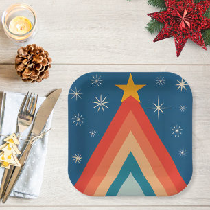 Assiettes En Carton Arbre de Noël minimaliste rouge et bleu rétro groo