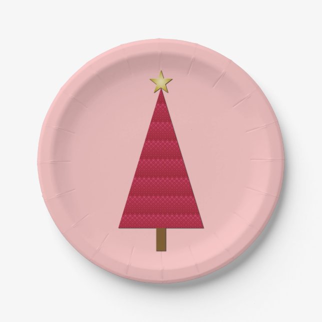 Assiettes En Carton Arbre de Noël moderne profond rouge damé (Devant)