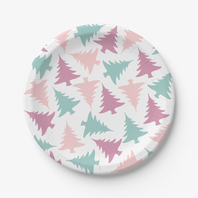 Assiettes En Carton Arbre de Noël motif rose pastel violet vert (Devant)