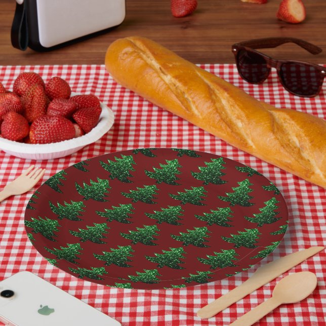 Assiettes En Carton Arbre de Noël pétillant vert motif rouge foncé (Pique-nique)