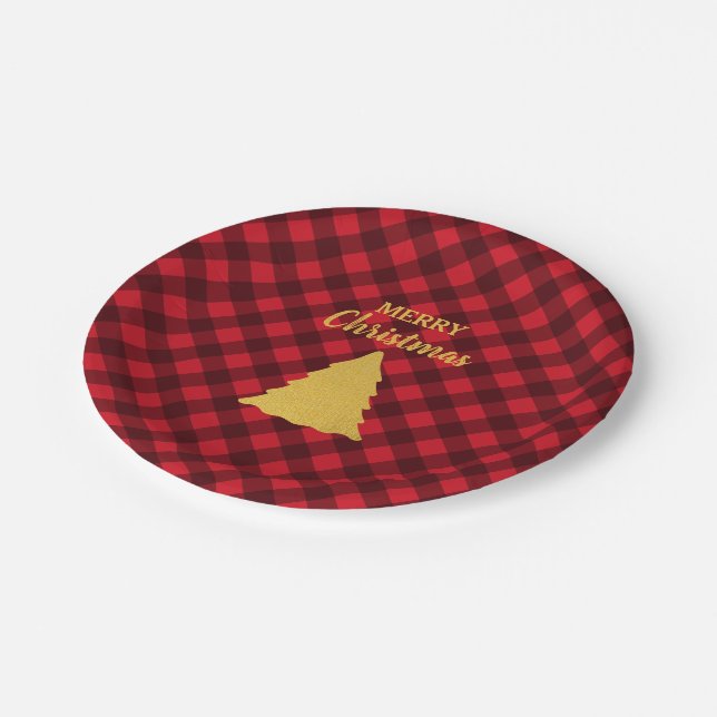 Assiettes En Carton Arbre de Noël Rouge et Noir Buffalo Plaid (Angle)