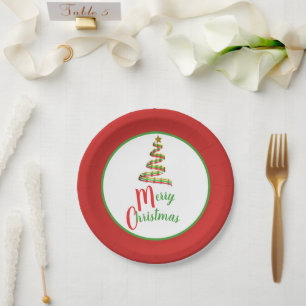 Assiettes En Carton Arbre de Noël rouge, vert et or
