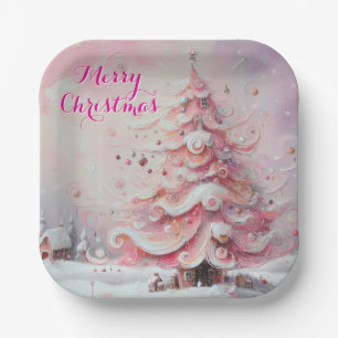 Assiettes En Carton Arbre de Noël Whimsical Pink White Swirls Neige