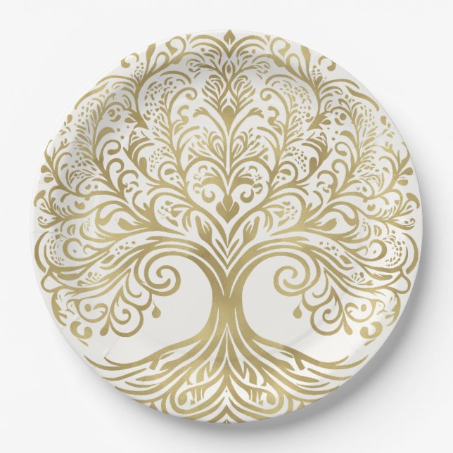 Assiettes En Carton Arbre de vie Cream & Gold Celtic Mariage (Devant)