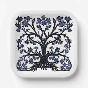 Assiettes En Carton Arbre de vie Floral #2 Cobalt Bleu et Blanc