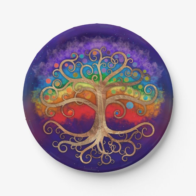 Assiettes En Carton Arbre de vie Golden Swirl et Rainbow (Devant)