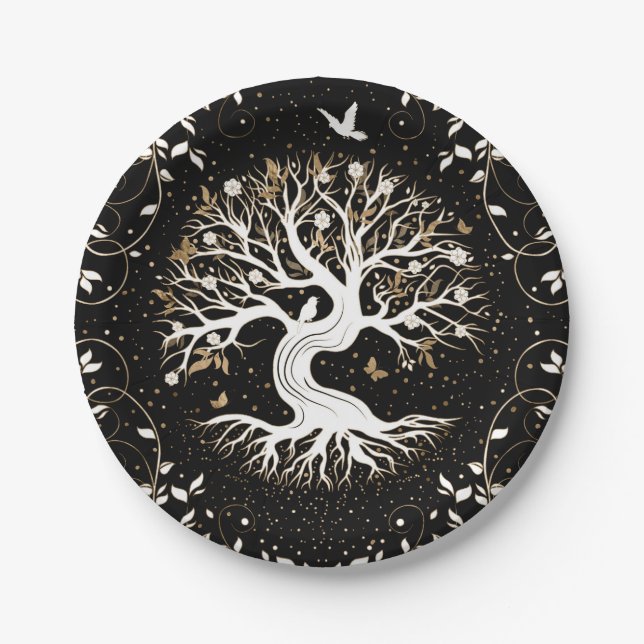 Assiettes En Carton Arbre de vie - Yggdrasil - noir blanc et or (Devant)