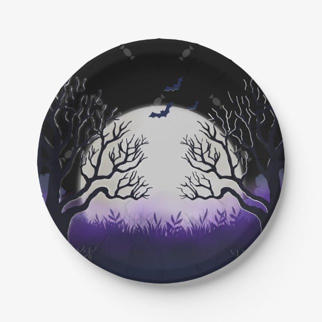 Assiettes En Carton Arbre éffrayant Purple & Black Pleine lune chauve  (Devant)