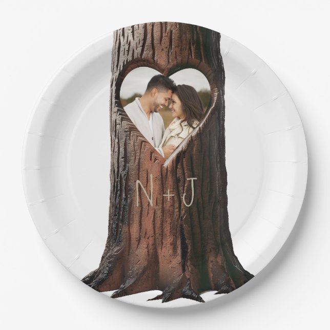 Assiettes En Carton Arbre Sculpté en forme de Coeur Souche Rustique Ma (Devant)