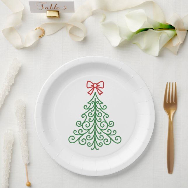 Assiettes En Carton Arbre simple avec bow Noël moderne (Mariage)