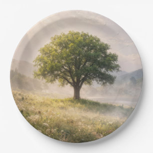 Assiettes En Carton Arbre vert solitaire dans la brume avec rayons de