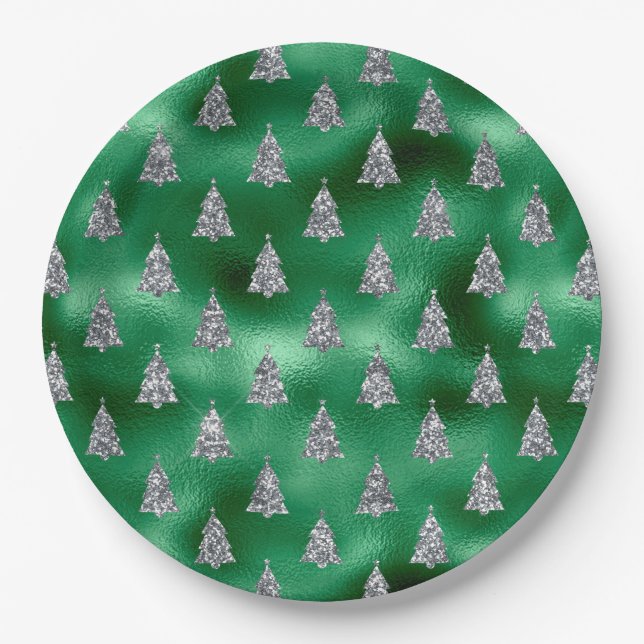 Assiettes En Carton Arbres d'argent élégant Noël (Devant)