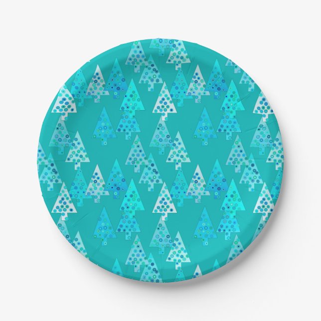 Assiettes En Carton Arbres de Noël à fleurs modernes - turquoise (Devant)