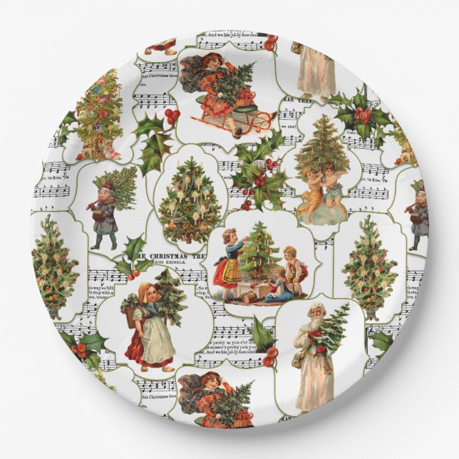 Assiettes En Carton Arbres de Noël victoriens, Holly & Music (Devant)