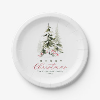 Assiettes En Carton Arbres de pin aquarelle rustique Noël personnalisé
