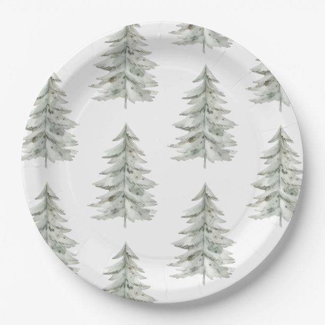 Assiettes En Carton Arbres verts blancs de Noël (Devant)